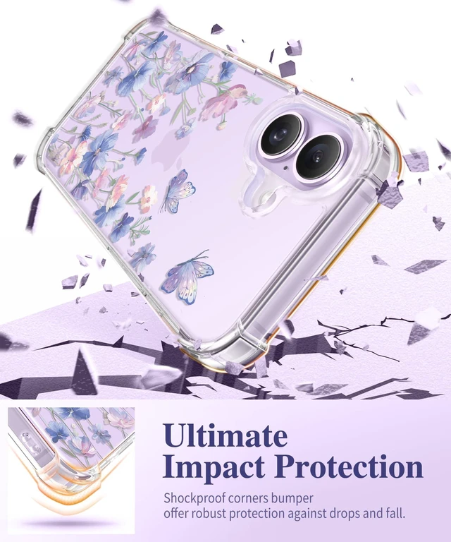 Alt view image 4 of 7 - for iPhone 17 Case Floral Clear Slim Women | Non-Yellowing, Screen Protector+Full Camera Protection, Shockproof Protective Case for iPhone 17 6.3", Bloomwing/Blue