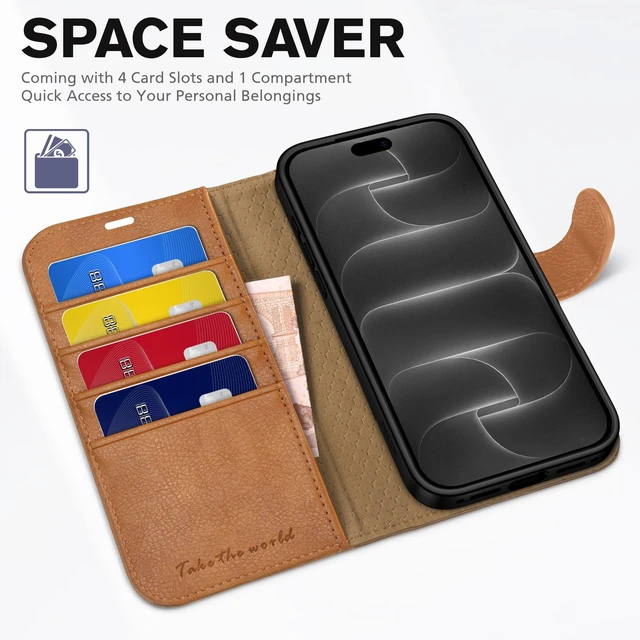 Alt view image 7 of 7 - Case Wallet for iPhone 18 Pro Max/17 Pro Max, Flip Stand, Light Brown | RFID Blocking, 4 Card Holders, Kickstand, PU Leather, Shockproof TPU Shell, Magnetic Closure, Protective Folio Cover