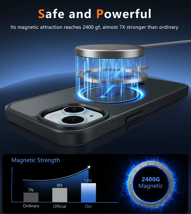 Alt view image 3 of 7 - for iPhone 15/14/13 Case, Fit for Magsafe, Translucent Matte Back | Magnetic Phone Cases, 14FT Military Grade Drop Protection, Shockproof Bumper, Slim Protective Cover, Black