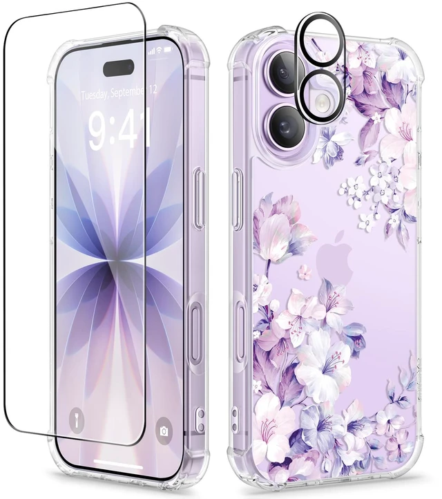 Main image of for iPhone 17 Case Floral Clear Slim Women | Non-Yellowing, Screen Protector+Full Camera Protection, Shockproof Protective Case for iPhone 17 6.3", Foliolosa/Purple