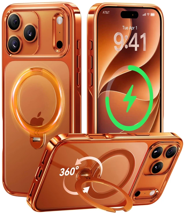 Main image of Glossy Orange 360 Spin Magnetic Stand for iPhone 17 Pro Max Case | Fit for MagSafe, 17FT Military Protection, Slim Hand-Polished Frame Titanium Alloy Sturdy Stand 6.9", Glossy Cosmic Orange