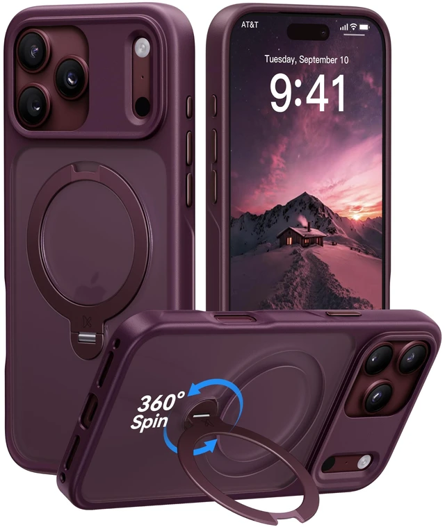 Main image of Burgundy for iPhone 18 Pro Case with 360 Spin Magnetic Stand | Fit for MagSafe, Patented Stand, Drop Protection, Shockproof Ring Holder Matte 18 Pro Case 6.3'', Hands-Free Viewing, Travel