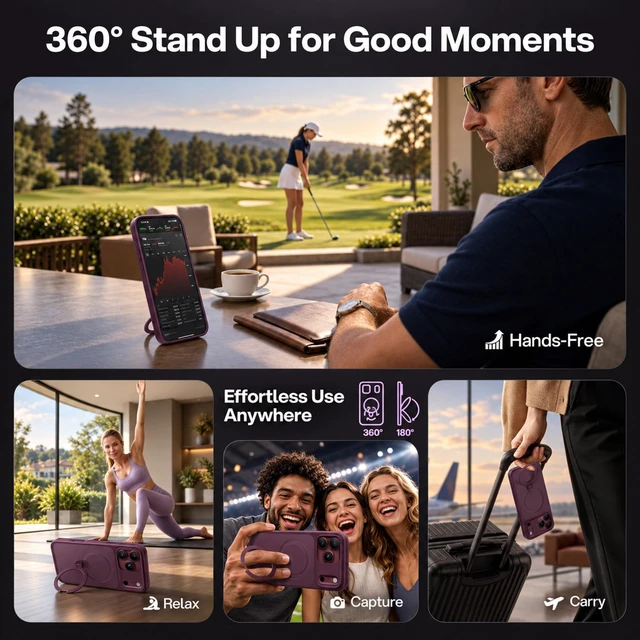 Alt view image 3 of 7 - Burgundy for iPhone 18 Pro Case with 360 Spin Magnetic Stand | Fit for MagSafe, Patented Stand, Drop Protection, Shockproof Ring Holder Matte 18 Pro Case 6.3'', Hands-Free Viewing, Travel