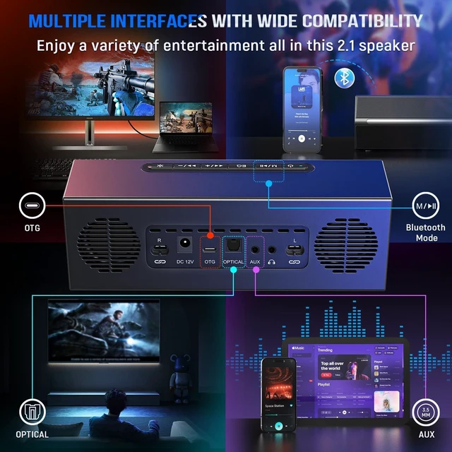 Alt view image 5 of 7 - AmpliGame A22 2.1 Gaming Computer Speakers with Subwoofer Bluetooth | 18 RGB Modes, Deep Punchy Bass, 3 EQ presets, Volume Control, AC Powered, for PC TV Monitor Phone Tablet Music Gaming Movie