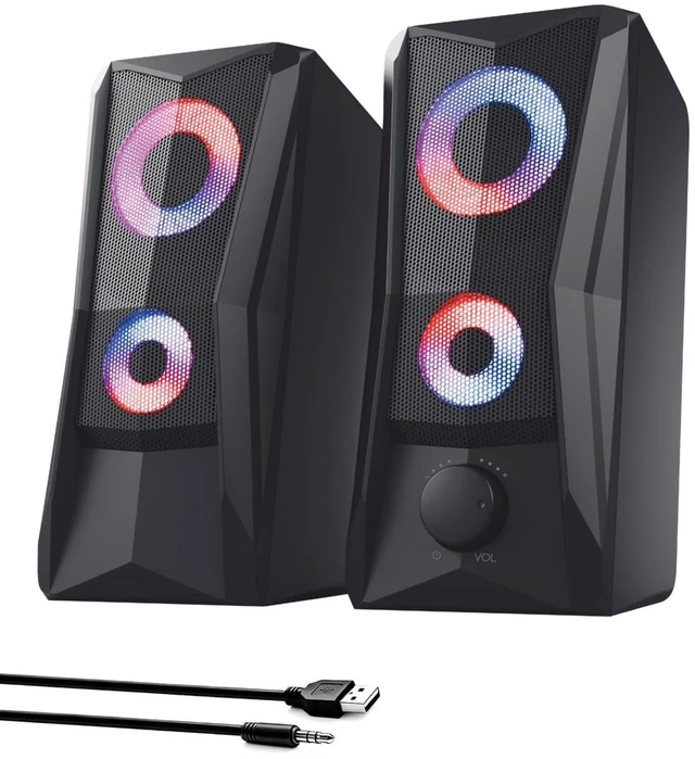 Main image of PC Speakers for Desktop, 2.0 Channel Touch Control Volume Light | USB powered, 3.5mm AUX plug and play for PC, laptop, monitor;2 cables, up to 78 in, RGB lighting , front volume knob