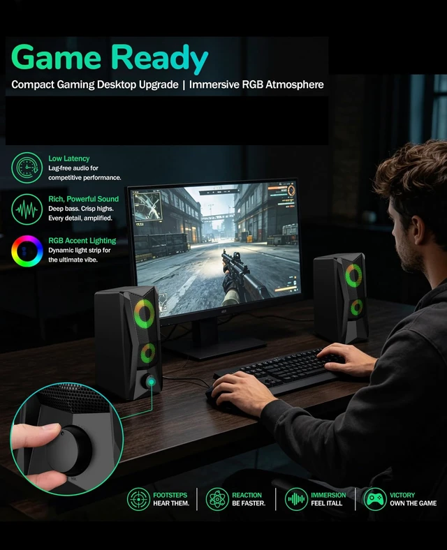 Alt view image 5 of 7 - PC Speakers for Desktop, 2.0 Channel Touch Control Volume Light | USB powered, 3.5mm AUX plug and play for PC, laptop, monitor;2 cables, up to 78 in, RGB lighting , front volume knob