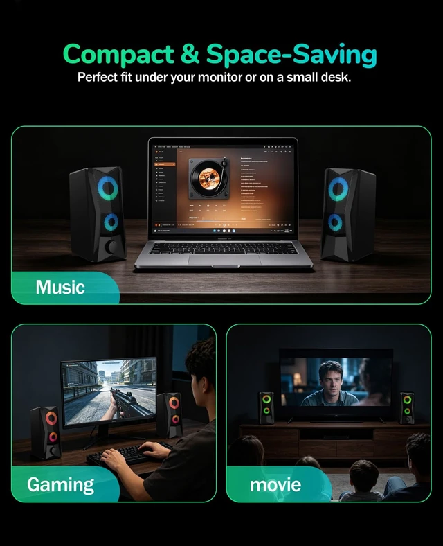 Alt view image 6 of 7 - PC Speakers for Desktop, 2.0 Channel Touch Control Volume Light | USB powered, 3.5mm AUX plug and play for PC, laptop, monitor;2 cables, up to 78 in, RGB lighting , front volume knob