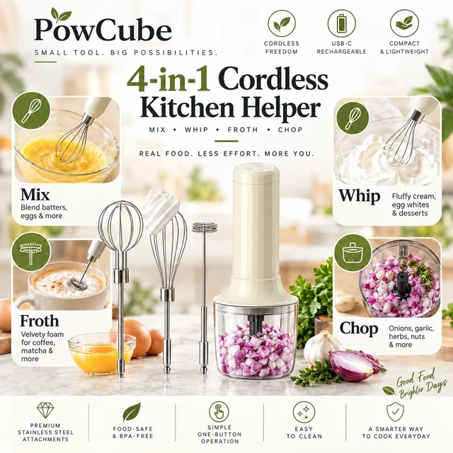 Alt view image 2 of 6 - Cordless Hand Mixer, 4-in-1 Handheld Electric Mixer with Electric Whisk Frother & 10 oz Mini Food Chopper, USB-C Rechargeable 4-Speed Hand Mixer for Eggs, Cream, Coffee & Small-Batch Prep