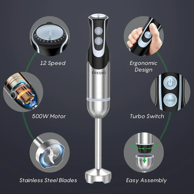 Alt view image 2 of 7 - Immersion Blender Handheld, 4-In-1 Hand Blender with 12-Speeds & Turbo Mode | 500W Emulsion Blender, Egg Whisk, 24oz Beaker & Chopper Bowl, Stick Mixer for Baby Food, Smoothies, Soups & Sauces