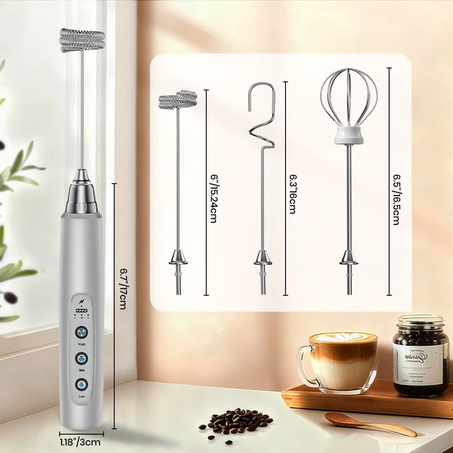 Alt view image 7 of 7 - Milk Frother Handheld Rechargeable, Frother Wand Drink Mixer Electric Whisk for Coffee, Detachable With 3 Stainless Whisks, Hand Mixer for Lattes, Cappuccino, Matcha, Egg, No Stand, Silver
