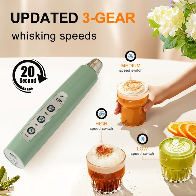 Alt view image 2 of 7 - Handheld Milk Frother Wand for Coffee, Rechargeable Electric Whisk | Drink Mixer Wand Coffee Frother Handheld With 3 Heads 3 Speeds For Latte, Cappuccino, Hot Chocolate, Egg, No Stand, Granite