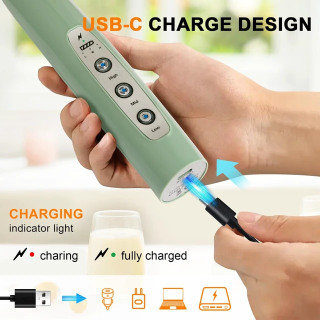 Alt view image 3 of 7 - Handheld Milk Frother Wand for Coffee, Rechargeable Electric Whisk | Drink Mixer Wand Coffee Frother Handheld With 3 Heads 3 Speeds For Latte, Cappuccino, Hot Chocolate, Egg, No Stand, Granite