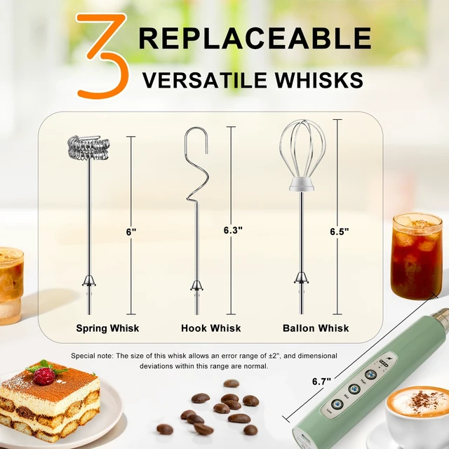 Alt view image 4 of 7 - Handheld Milk Frother Wand for Coffee, Rechargeable Electric Whisk | Drink Mixer Wand Coffee Frother Handheld With 3 Heads 3 Speeds For Latte, Cappuccino, Hot Chocolate, Egg, No Stand, Granite