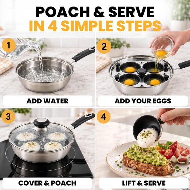 Alt view image 3 of 7 - Egg Poacher - Poached Egg Maker, Stainless Steel Egg Poaching Pan, Poached Eggs Cooker Food Grade Safe PFOA Free with Spatula.
