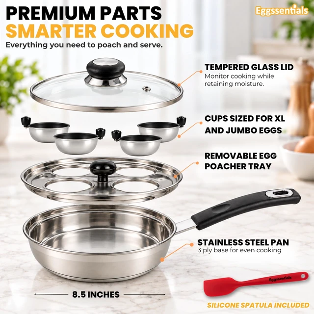 Alt view image 4 of 7 - Egg Poacher - Poached Egg Maker, Stainless Steel Egg Poaching Pan, Poached Eggs Cooker Food Grade Safe PFOA Free with Spatula.