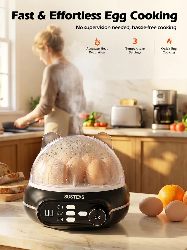 Alt view image 2 of 7 - Rapid Egg Cooker 9 Eggs, Soft, Medium, Hard Boiled, Poached | 3-Zone Separate Cooking, Electric Egg Poacher, Kitchen Egg Steamer, Auto Shut-Off, Smart Voice Prompts, Timer Function, Black