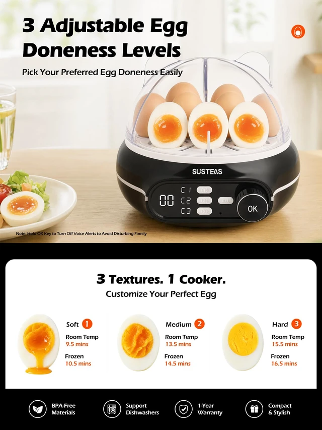 Alt view image 3 of 7 - Rapid Egg Cooker 9 Eggs, Soft, Medium, Hard Boiled, Poached | 3-Zone Separate Cooking, Electric Egg Poacher, Kitchen Egg Steamer, Auto Shut-Off, Smart Voice Prompts, Timer Function, Black