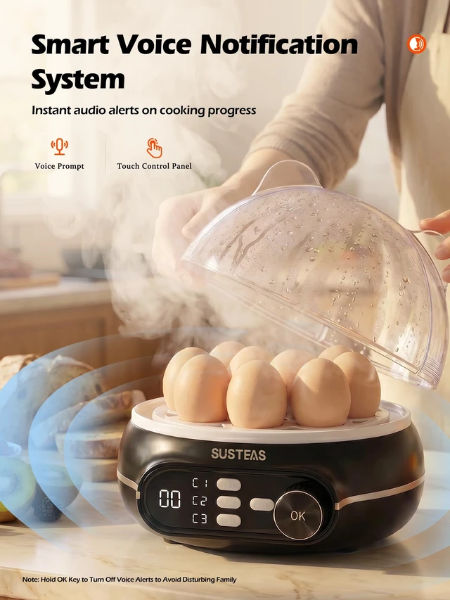 Alt view image 5 of 7 - Rapid Egg Cooker 9 Eggs, Soft, Medium, Hard Boiled, Poached | 3-Zone Separate Cooking, Electric Egg Poacher, Kitchen Egg Steamer, Auto Shut-Off, Smart Voice Prompts, Timer Function, Black