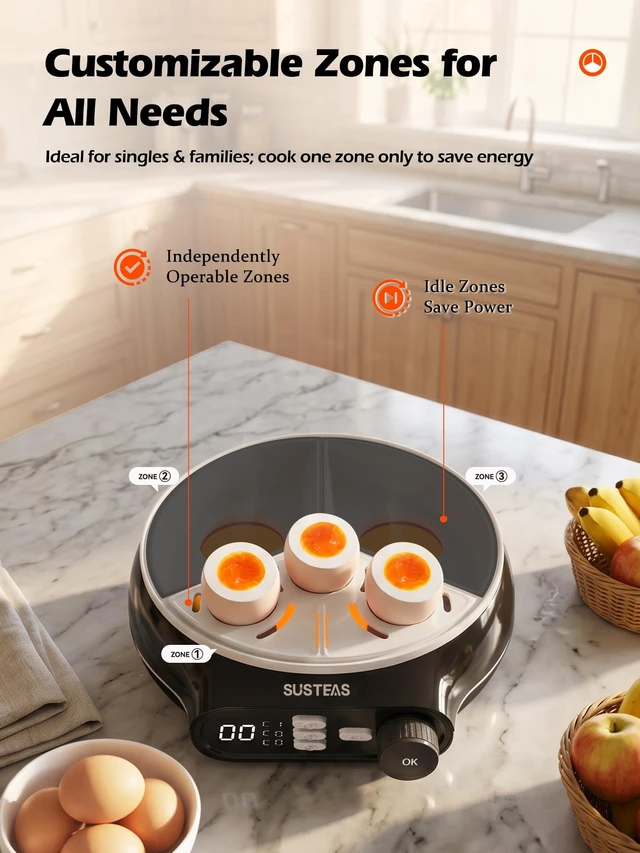 Alt view image 4 of 7 - Rapid Egg Cooker 9 Eggs, Soft, Medium, Hard Boiled, Poached | 3-Zone Separate Cooking, Electric Egg Poacher, Kitchen Egg Steamer, Auto Shut-Off, Smart Voice Prompts, Timer Function, Black