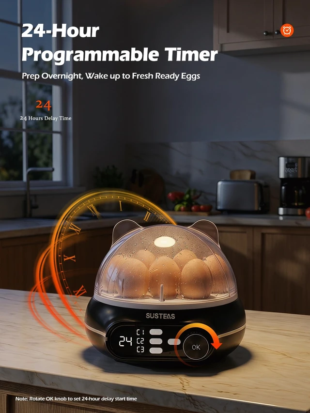 Alt view image 6 of 7 - Rapid Egg Cooker 9 Eggs, Soft, Medium, Hard Boiled, Poached | 3-Zone Separate Cooking, Electric Egg Poacher, Kitchen Egg Steamer, Auto Shut-Off, Smart Voice Prompts, Timer Function, Black