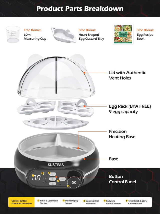 Alt view image 7 of 7 - Rapid Egg Cooker 9 Eggs, Soft, Medium, Hard Boiled, Poached | 3-Zone Separate Cooking, Electric Egg Poacher, Kitchen Egg Steamer, Auto Shut-Off, Smart Voice Prompts, Timer Function, Black
