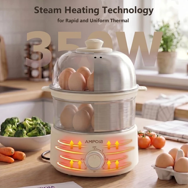 Alt view image 3 of 7 - 14 Eggs Electric Egg Cooker, 350W Rapid Egg Boiler with 30-Min Timer & Auto Shut-Off, Stainless Steel, Dishwasher Safe for Soft, Medium, Hard Boiled, Steamed Eggs, Vegetables & Seafood, Beige