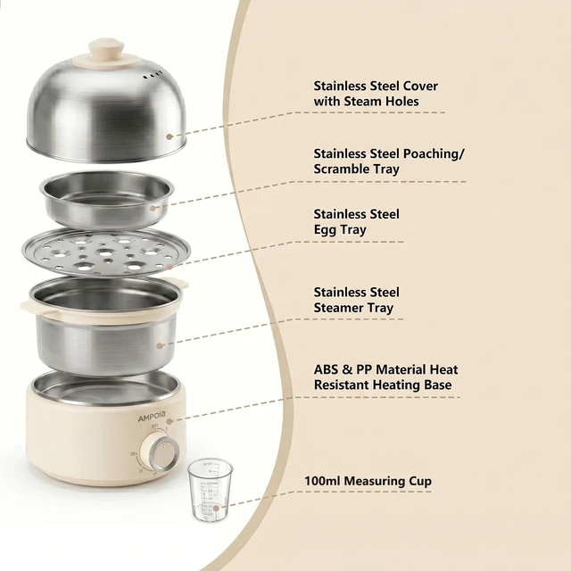 Alt view image 7 of 7 - 14 Eggs Electric Egg Cooker, 350W Rapid Egg Boiler with 30-Min Timer & Auto Shut-Off, Stainless Steel, Dishwasher Safe for Soft, Medium, Hard Boiled, Steamed Eggs, Vegetables & Seafood, Beige