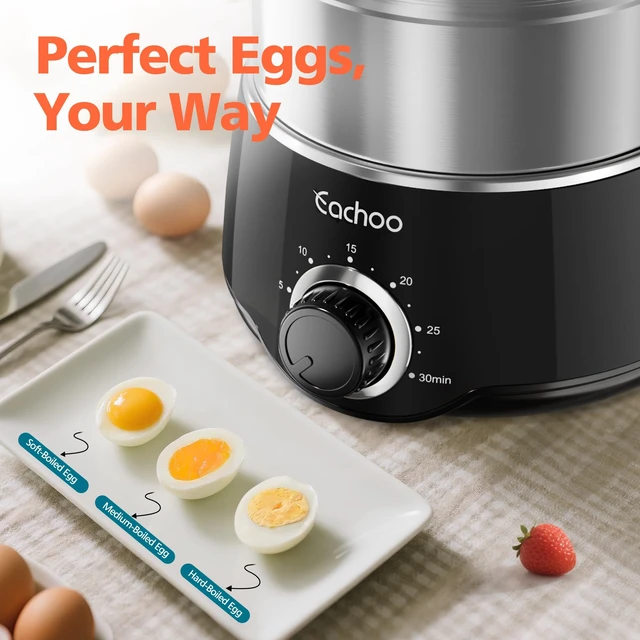 Alt view image 5 of 7 - Hard Boiled Egg Cooker, 14-Egg Stainless Steel Egg Boiler | Egg Steamer w/ 30-Min Timer, Auto Shut Off & Dishwasher Safe, Compact Electric Vegetable Steamer for Cooking, Black
