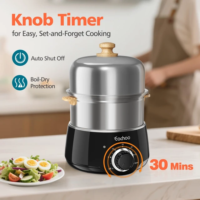 Alt view image 3 of 7 - Hard Boiled Egg Cooker, 14-Egg Stainless Steel Egg Boiler | Egg Steamer w/ 30-Min Timer, Auto Shut Off & Dishwasher Safe, Compact Electric Vegetable Steamer for Cooking, Black