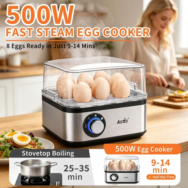 Alt view image 2 of 7 - Rapid 8-Egg Cooker, 3 Doneness Levels, Stainless Steel, Auto Shut-Off | Electric Egg Cooker for Hard-Boiled Eggs, Poacher & Steamer, 3 Doneness Levels, 500W, Compact Family Breakfast Maker