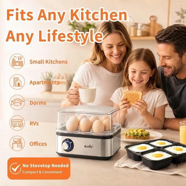 Alt view image 4 of 7 - Rapid 8-Egg Cooker, 3 Doneness Levels, Stainless Steel, Auto Shut-Off | Electric Egg Cooker for Hard-Boiled Eggs, Poacher & Steamer, 3 Doneness Levels, 500W, Compact Family Breakfast Maker