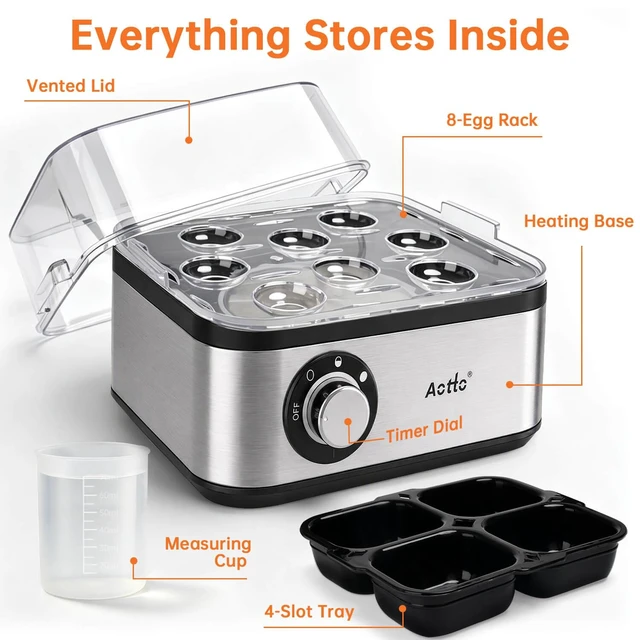 Alt view image 5 of 7 - Rapid 8-Egg Cooker, 3 Doneness Levels, Stainless Steel, Auto Shut-Off | Electric Egg Cooker for Hard-Boiled Eggs, Poacher & Steamer, 3 Doneness Levels, 500W, Compact Family Breakfast Maker