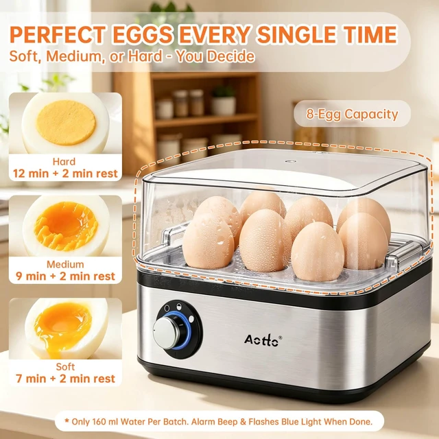 Alt view image 3 of 7 - Rapid 8-Egg Cooker, 3 Doneness Levels, Stainless Steel, Auto Shut-Off | Electric Egg Cooker for Hard-Boiled Eggs, Poacher & Steamer, 3 Doneness Levels, 500W, Compact Family Breakfast Maker