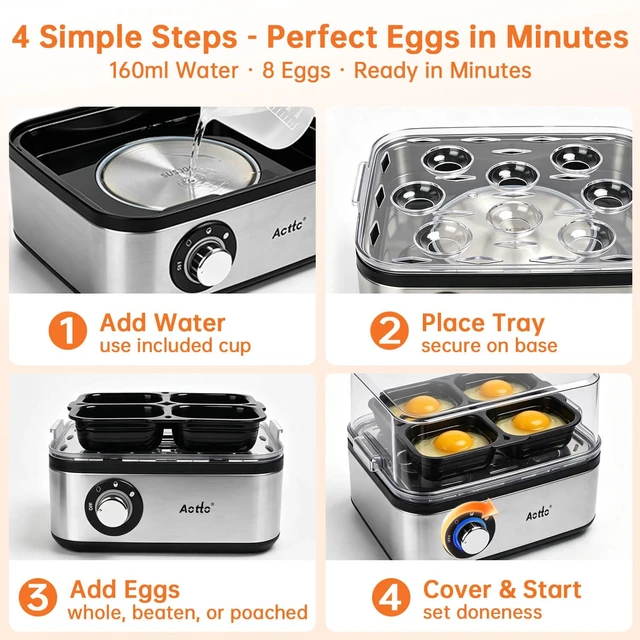 Alt view image 7 of 7 - Rapid 8-Egg Cooker, 3 Doneness Levels, Stainless Steel, Auto Shut-Off | Electric Egg Cooker for Hard-Boiled Eggs, Poacher & Steamer, 3 Doneness Levels, 500W, Compact Family Breakfast Maker