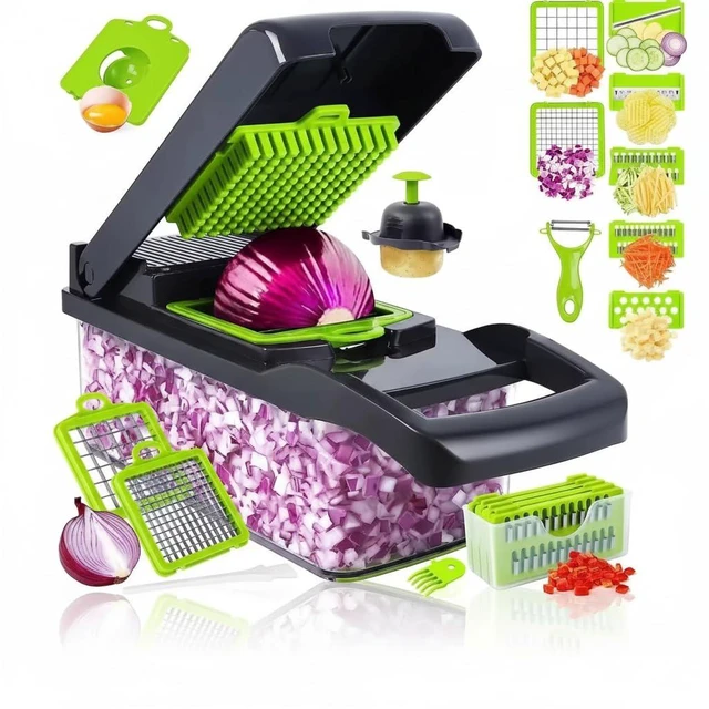 Main image of 14-in-1 Vegetable Chopper with Container Onion Chopper, Dicer, Slicer & Grater, Food Chopper with Stainless Steel Blades, BPA-Free, Easy Clean, Green