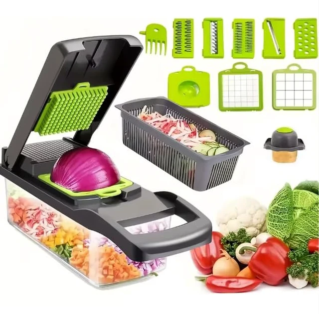 Alt view image 2 of 7 - 14-in-1 Vegetable Chopper with Container Onion Chopper, Dicer, Slicer & Grater, Food Chopper with Stainless Steel Blades, BPA-Free, Easy Clean, Green