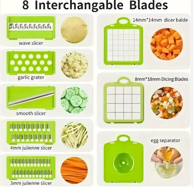 Alt view image 3 of 7 - 14-in-1 Vegetable Chopper with Container Onion Chopper, Dicer, Slicer & Grater, Food Chopper with Stainless Steel Blades, BPA-Free, Easy Clean, Green
