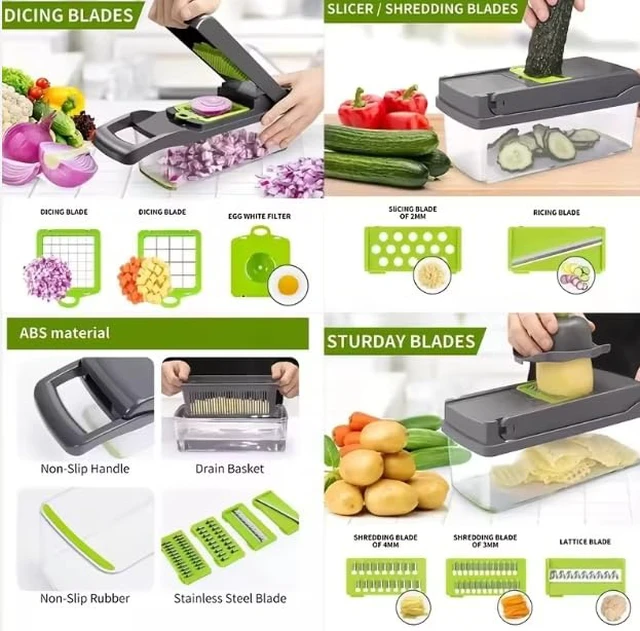 Alt view image 5 of 7 - 14-in-1 Vegetable Chopper with Container Onion Chopper, Dicer, Slicer & Grater, Food Chopper with Stainless Steel Blades, BPA-Free, Easy Clean, Green