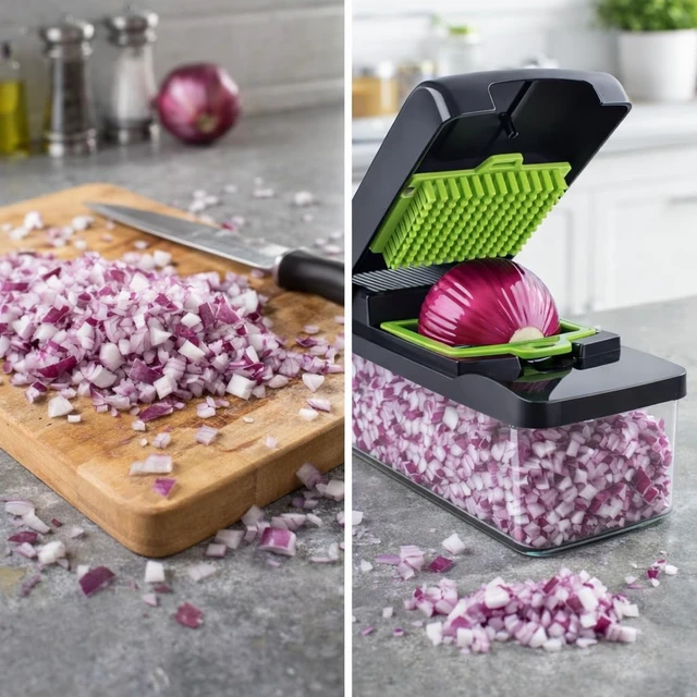 Alt view image 6 of 7 - 14-in-1 Vegetable Chopper with Container Onion Chopper, Dicer, Slicer & Grater, Food Chopper with Stainless Steel Blades, BPA-Free, Easy Clean, Green