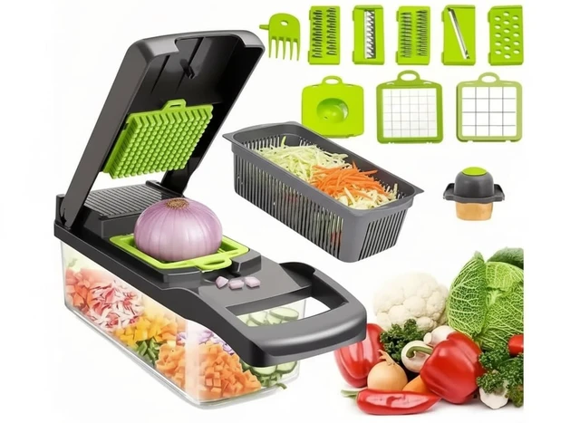 Alt view image 7 of 7 - 14-in-1 Vegetable Chopper with Container Onion Chopper, Dicer, Slicer & Grater, Food Chopper with Stainless Steel Blades, BPA-Free, Easy Clean, Green