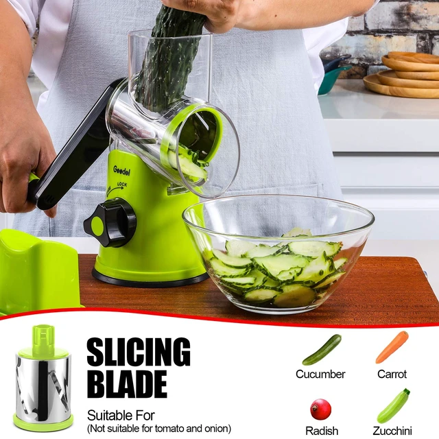Alt view image 3 of 7 - Rotary Cheese Grater, Kitchen Mandoline Vegetable Slicer with 3 Interchangeable Blades, Easy to Clean Grater and Vegetable Chopper, Onion Chopper Pro Food Chopper, Kitchen Slicer