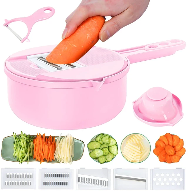 Main image of Vegetable Chopper-7 IN 1 Potato Slicer,Vegetable Grater Food Chopper with Container Multifunctional Chopper Vegetable Cutter Slicer With 6 Stainless Steel Blades For Kitchen (Pink, 7 in 1)