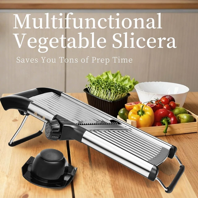 Alt view image 2 of 7 - 5in1 Adjustable Mandoline Slicer, Stainless Steel Vegetable Cutter | Ultra Sharp Blades, NonSlip Base, Safety Food Holder Included, Julienne Slicer & Shredder for Potato, Onion, Cabbage