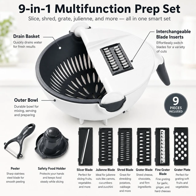 Alt view image 2 of 7 - 9-in-1 Multifunction Vegetable Cutter with Drain Basket, Rotating Vegetable Slicer Grater Chopper, Mandoline Slicer for Kitchen, Portable Veggie Cutter with 7 Blades, Hand Guard & Peeler