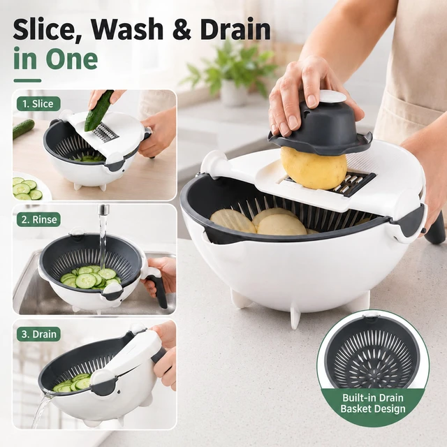 Alt view image 4 of 7 - 9-in-1 Multifunction Vegetable Cutter with Drain Basket, Rotating Vegetable Slicer Grater Chopper, Mandoline Slicer for Kitchen, Portable Veggie Cutter with 7 Blades, Hand Guard & Peeler