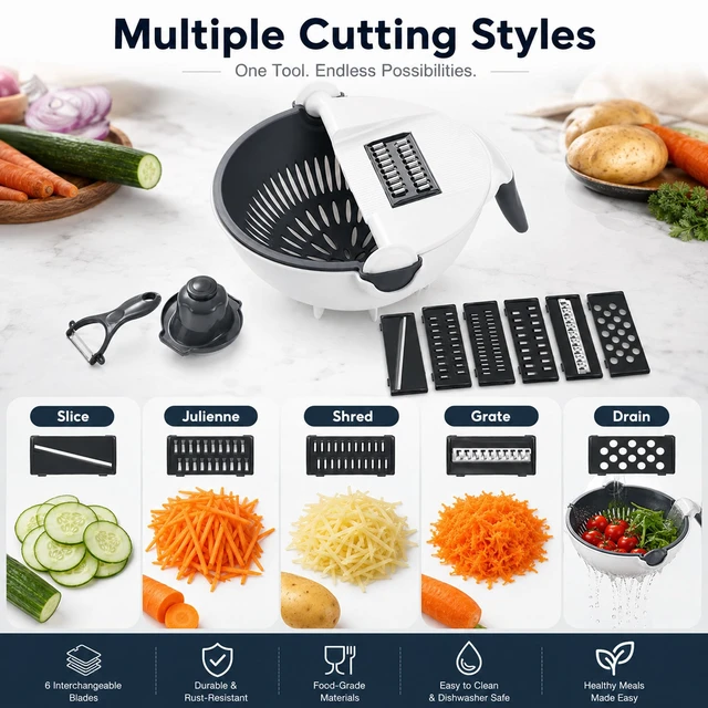 Alt view image 7 of 7 - 9-in-1 Multifunction Vegetable Cutter with Drain Basket, Rotating Vegetable Slicer Grater Chopper, Mandoline Slicer for Kitchen, Portable Veggie Cutter with 7 Blades, Hand Guard & Peeler