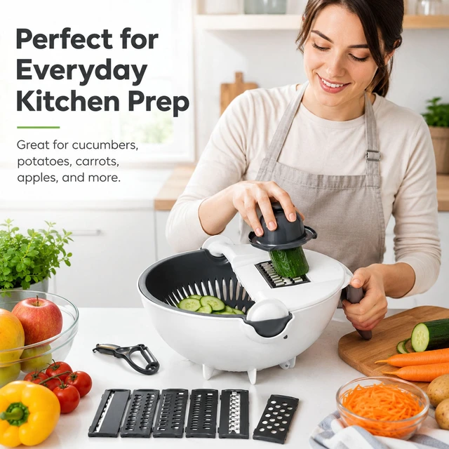 Alt view image 5 of 7 - 9-in-1 Multifunction Vegetable Cutter with Drain Basket, Rotating Vegetable Slicer Grater Chopper, Mandoline Slicer for Kitchen, Portable Veggie Cutter with 7 Blades, Hand Guard & Peeler