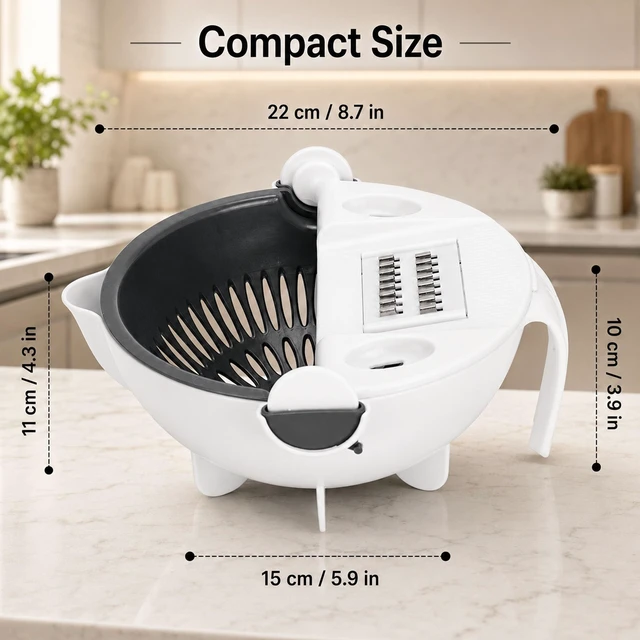 Alt view image 6 of 7 - 9-in-1 Multifunction Vegetable Cutter with Drain Basket, Rotating Vegetable Slicer Grater Chopper, Mandoline Slicer for Kitchen, Portable Veggie Cutter with 7 Blades, Hand Guard & Peeler