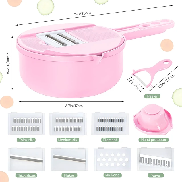 Alt view image 2 of 7 - Vegetable Chopper-7 IN 1 Potato Slicer,Vegetable Grater Food Chopper with Container Multifunctional Chopper Vegetable Cutter Slicer With 6 Stainless Steel Blades For Kitchen (Pink, 7 in 1)