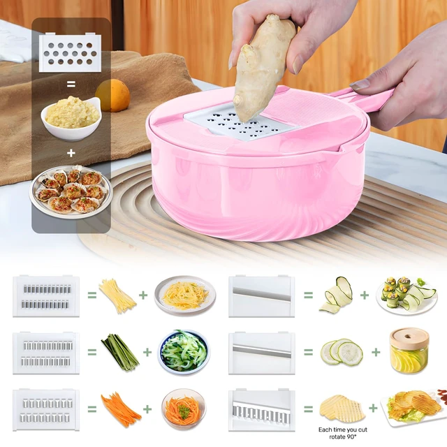 Alt view image 4 of 7 - Vegetable Chopper-7 IN 1 Potato Slicer,Vegetable Grater Food Chopper with Container Multifunctional Chopper Vegetable Cutter Slicer With 6 Stainless Steel Blades For Kitchen (Pink, 7 in 1)